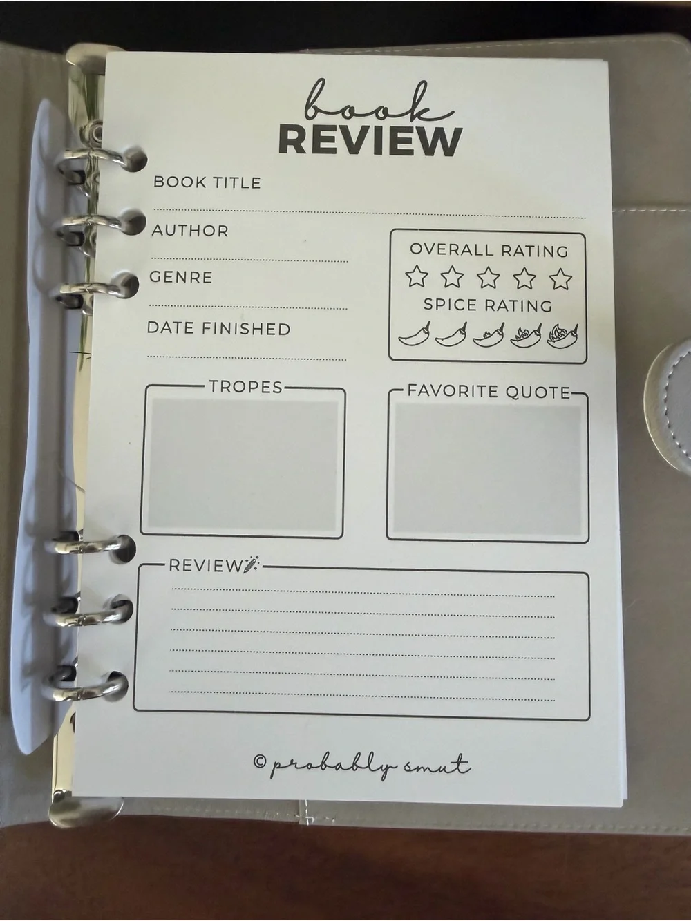Probably Smut Silver Ring-Binder Book Review Notebook